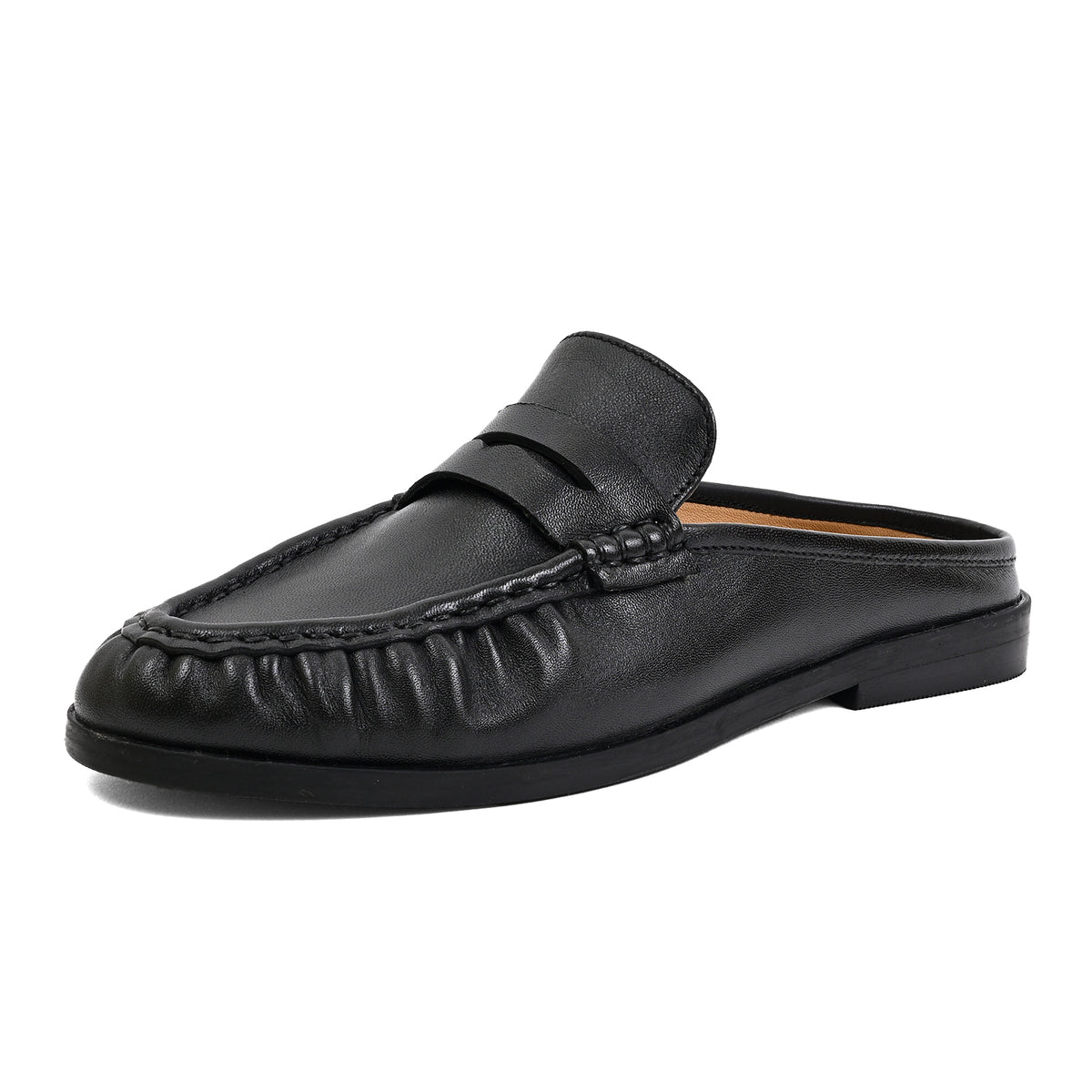 A single black leather slip-on loafer mule with a decorative strap and stitched detailing, shown from a side profile on a white background.