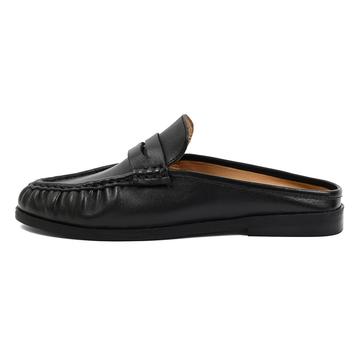 A single black leather loafer slip-on mule shoe with a decorative strap across the vamp, shown in a side profile view against a plain white background.