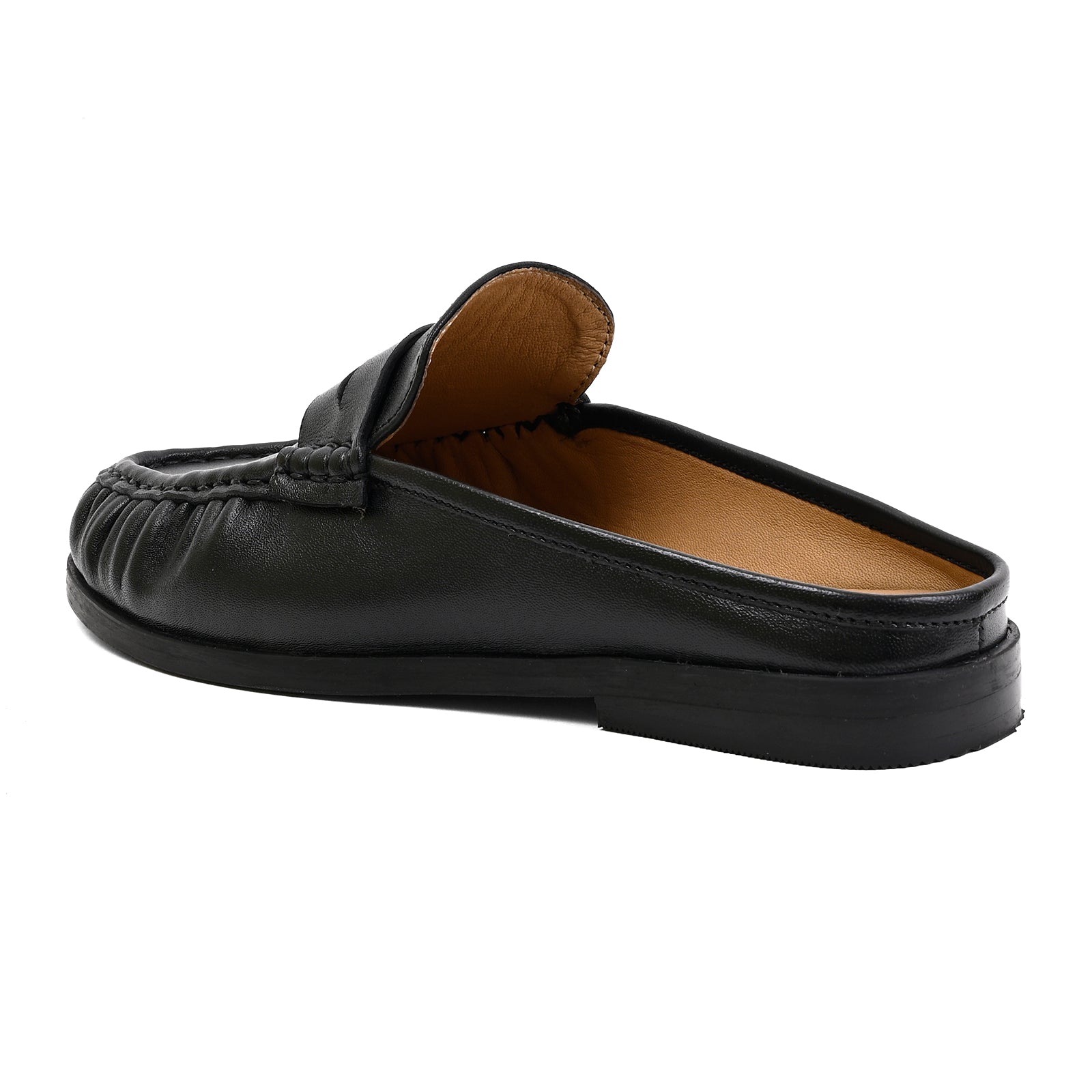 A single black leather slip-on loafer mule shown from a side profile view against a plain white background.