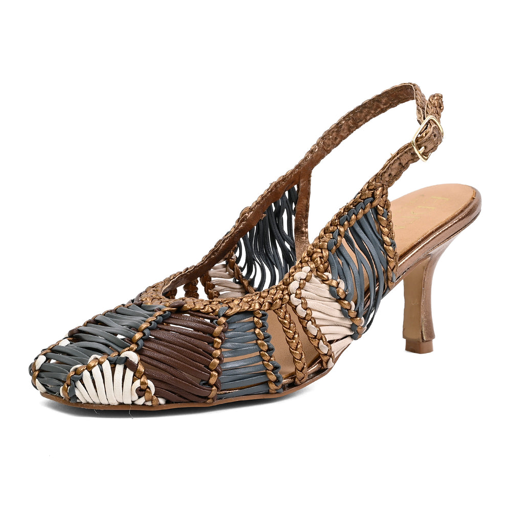 A women's slingback high-heel sandal with a woven upper made of brown, beige, and blue-gray leather strips, accented by braided gold-tone chains and a gold buckle at the ankle.