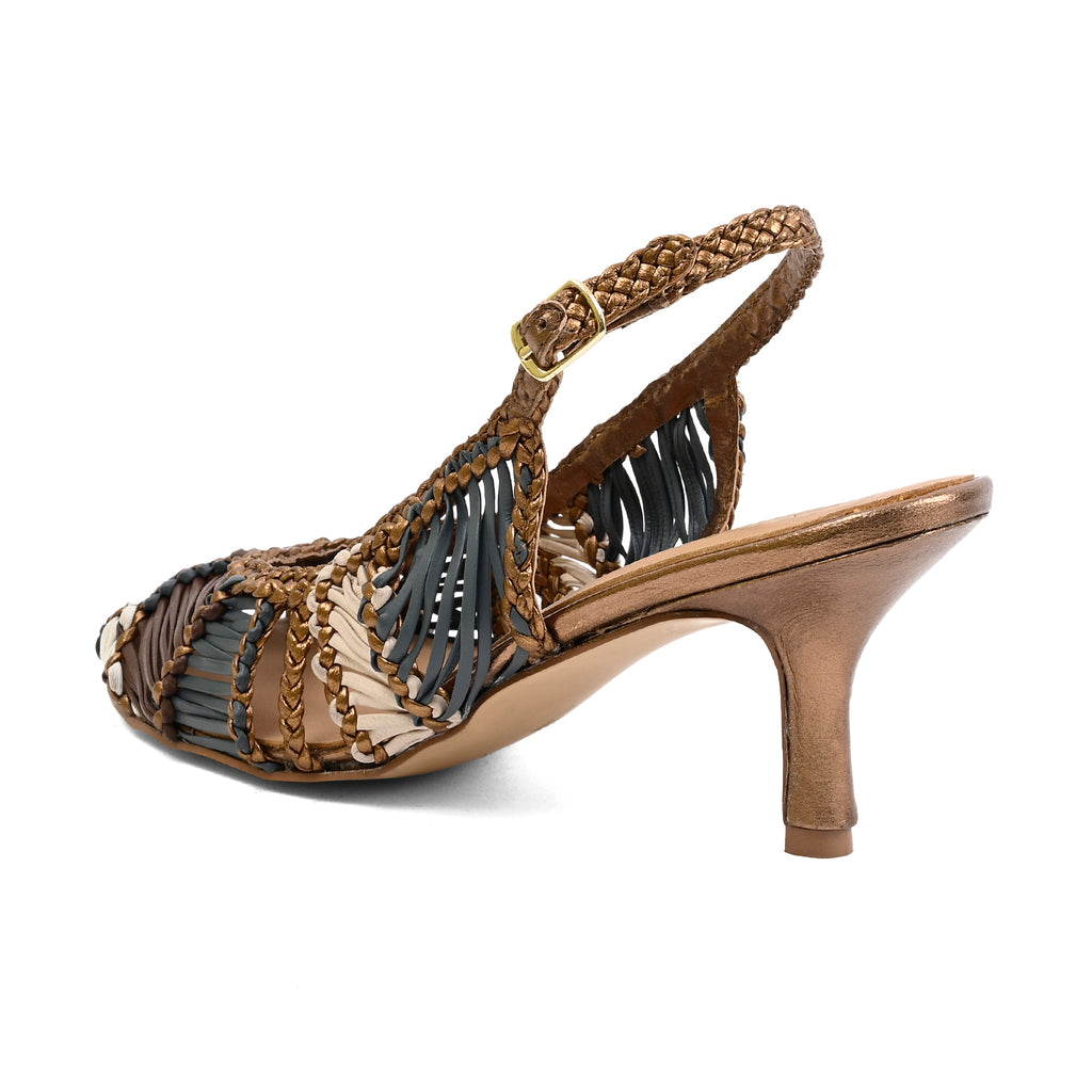 A single women's slingback heeled sandal with a metallic bronze and brown braided strap design, set against a plain white background.