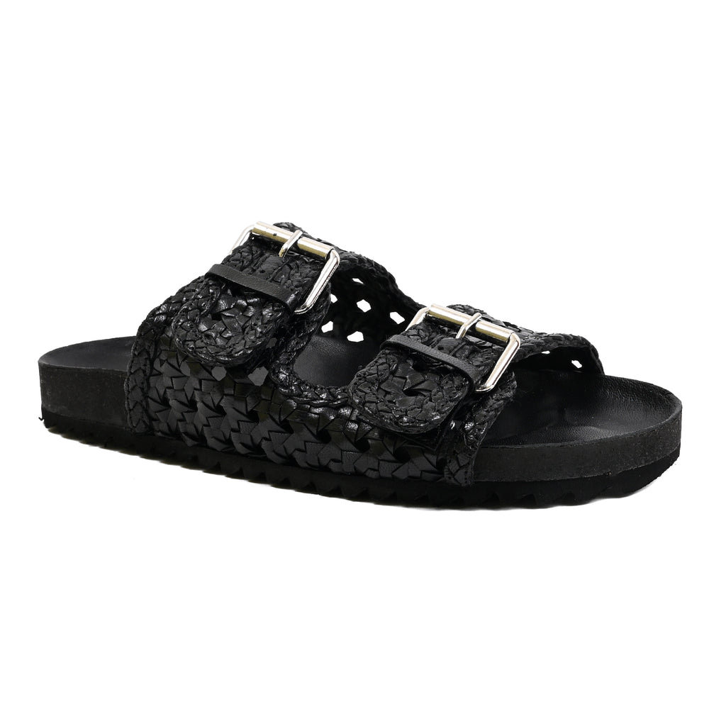A black woven double-strap slide sandal with silver-tone buckle closures, shown from a side profile on a plain white background.