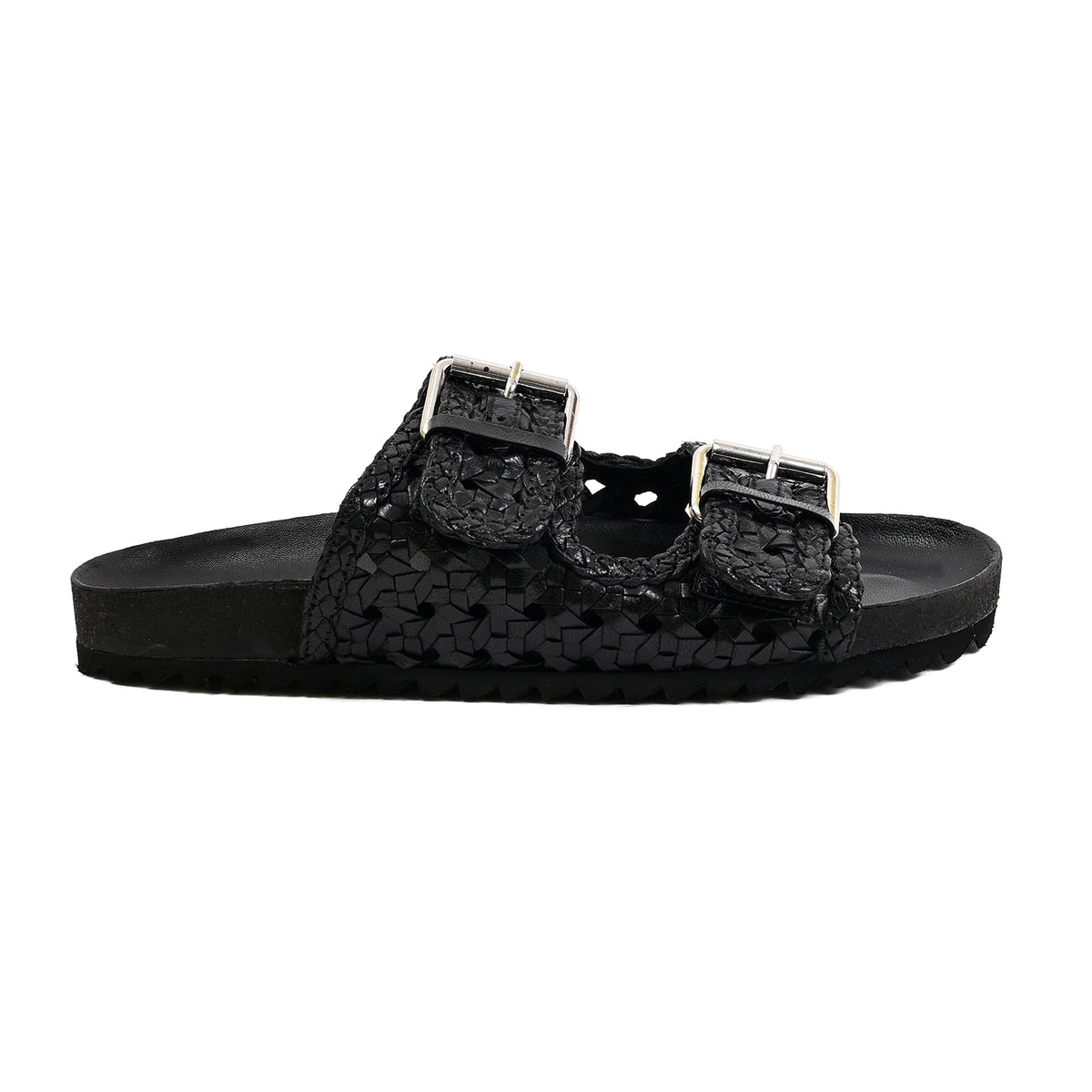 A black double-strap slide sandal featuring a textured woven strap design and silver-tone buckle closures, shown from a side profile on a white background.