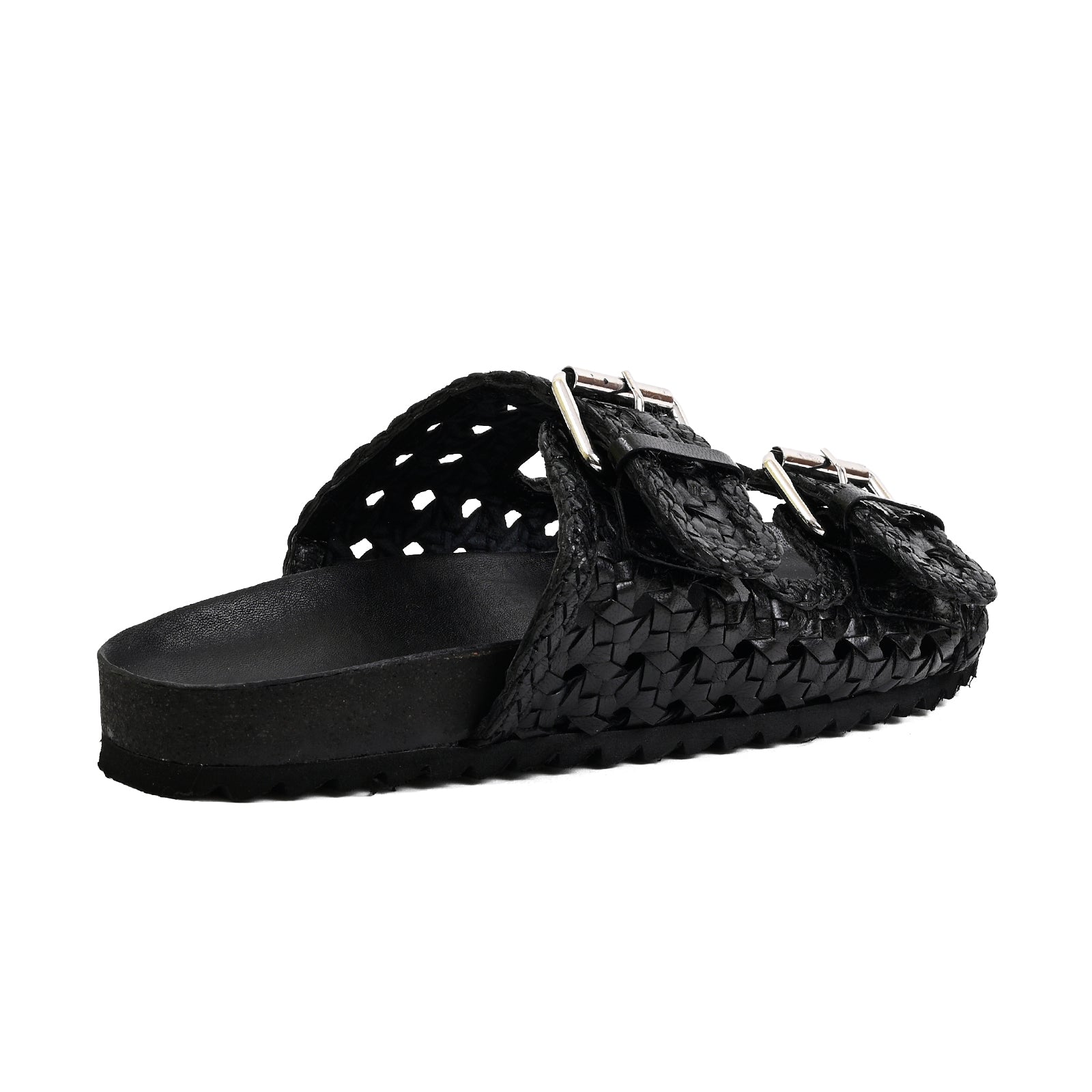 A single black woven slide sandal with three adjustable straps and silver-tone buckles, shown from a side profile on a white background.