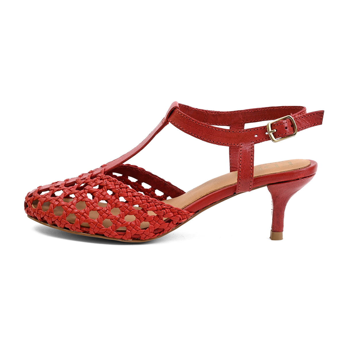 A red leather T-strap sandal with a cutout woven pattern on the toe and heel, a low kitten heel, and an adjustable ankle strap with a gold buckle, shown against a plain white background.
