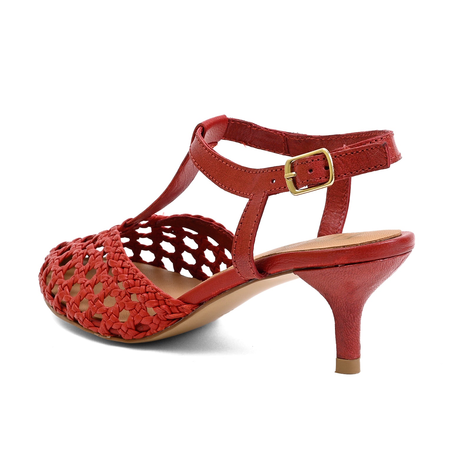 A red woven leather T-strap sandal with a low kitten heel, adjustable ankle strap, and gold buckle, shown from a side profile on a white background.