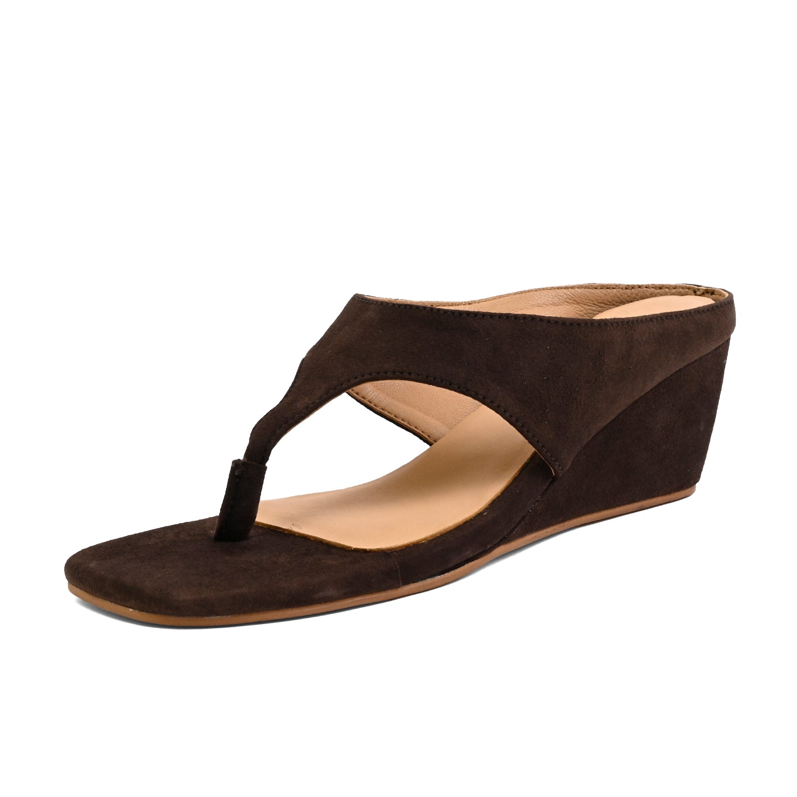 A dark brown suede wedge thong sandal with a tan insole, shown from a side profile view on a white background.