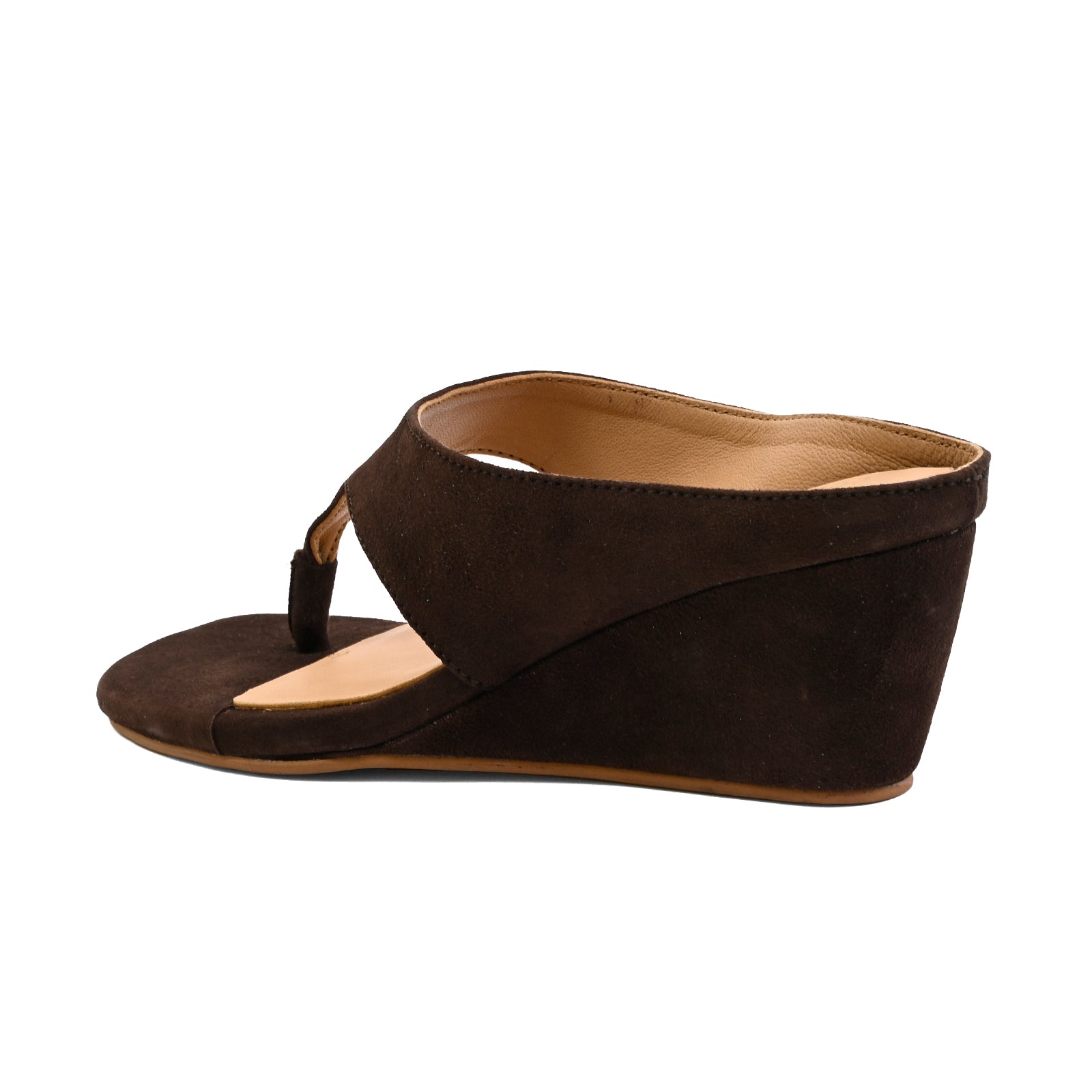 A dark brown wedge sandal with a thick platform heel and a single strap across the instep, shown from a side profile on a white background.