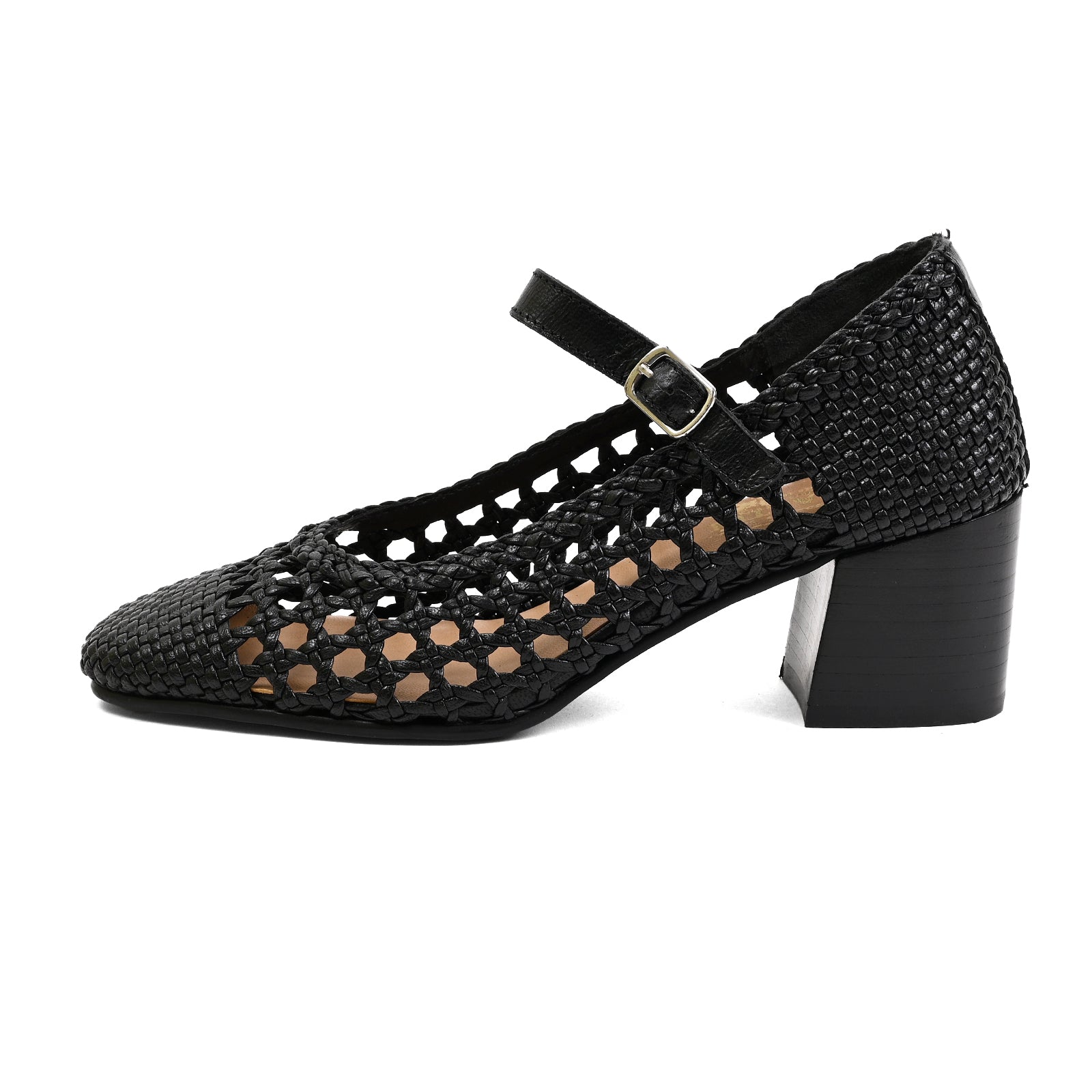 A single black woven Mary Jane-style pump with a pointed toe, openwork cutout pattern, ankle strap with a silver-tone buckle, and a chunky block heel, shown on a plain white background.