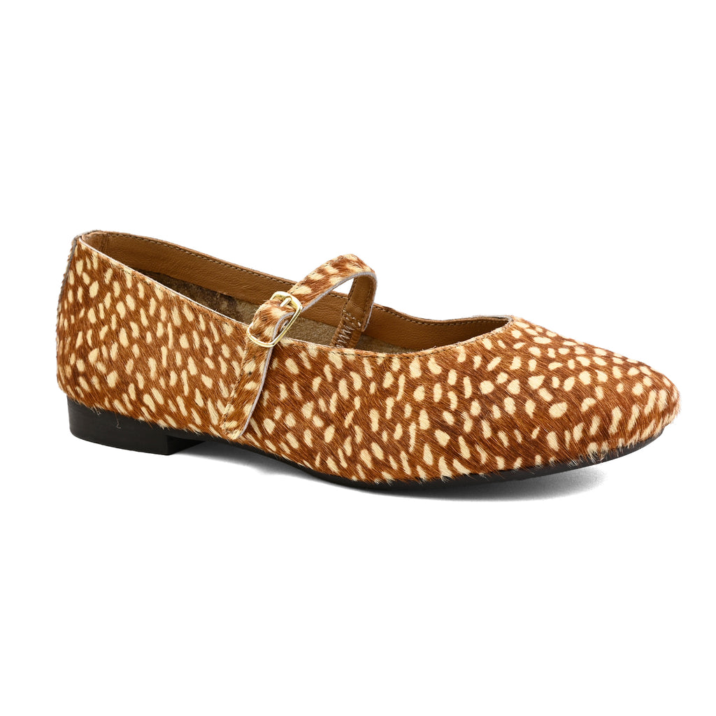 A single women's Mary Jane flat shoe featuring a brown and beige spotted animal print pattern, with a matching strap and a small gold buckle, set against a plain white background.
