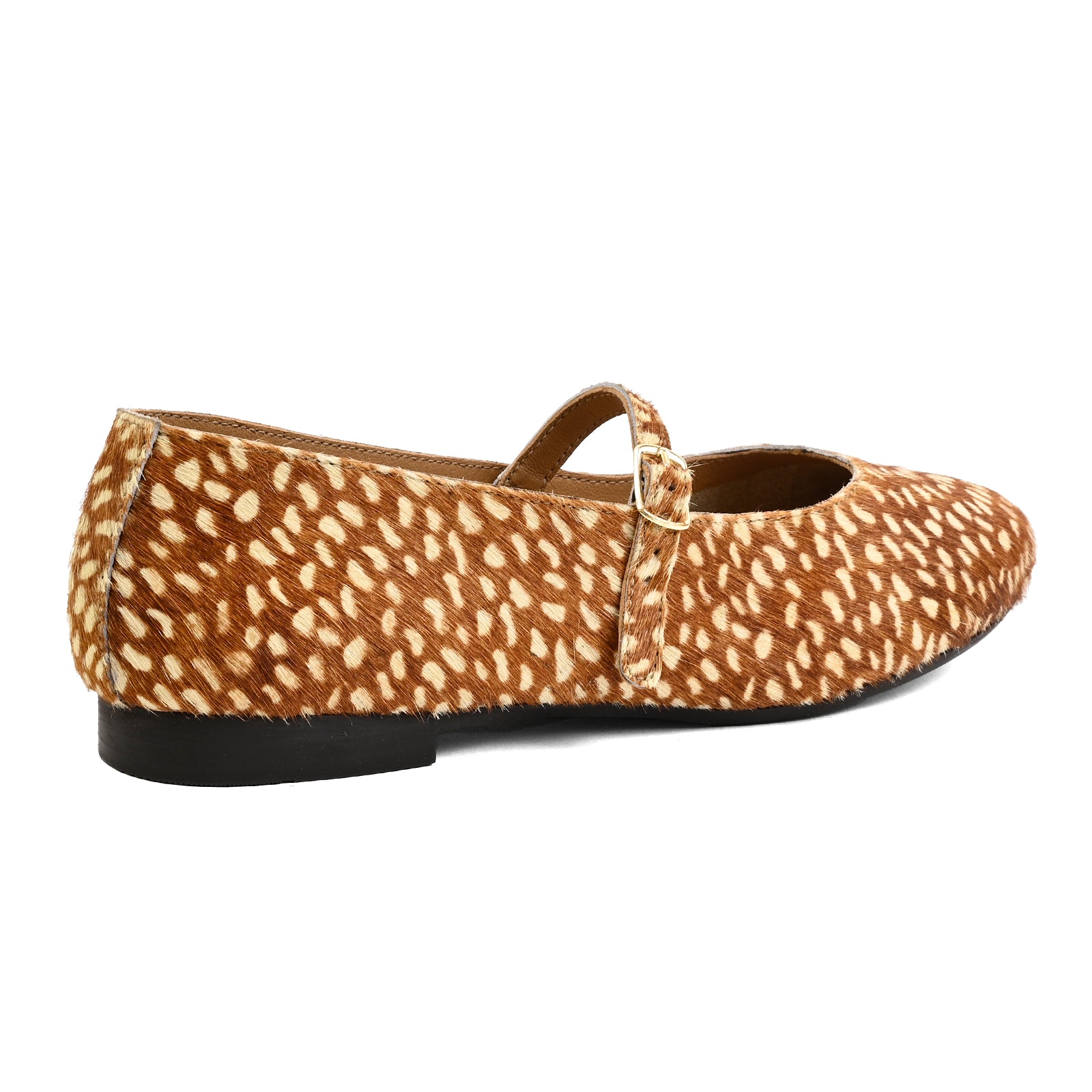 A single women's Mary Jane flat shoe with a brown and beige animal print pattern, featuring a strap with a small gold buckle, shown from a side profile view on a white background.