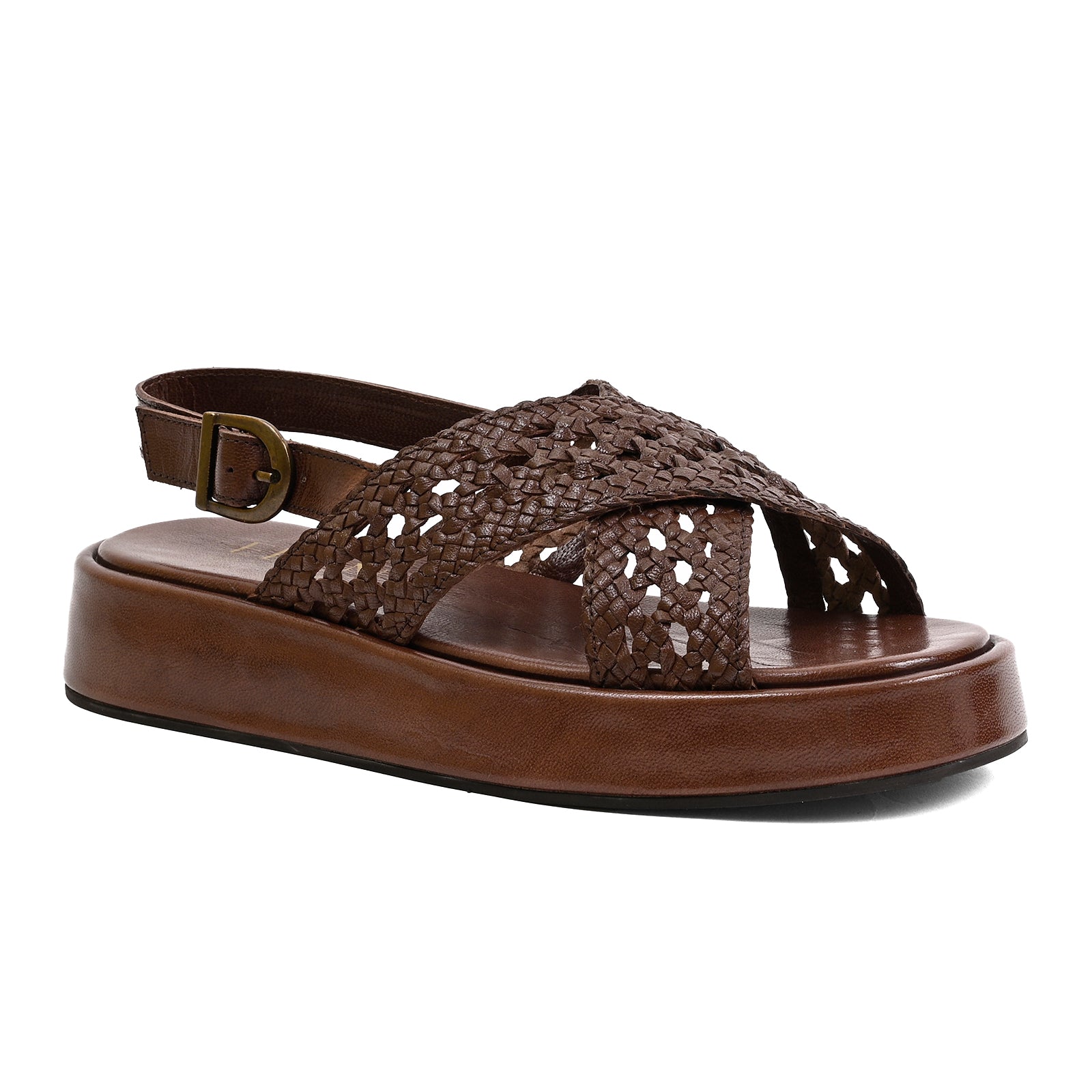 A brown platform sandal with a woven textured upper, an adjustable ankle strap with a brass buckle, and a thick brown platform sole, shown from a side profile on a white background.