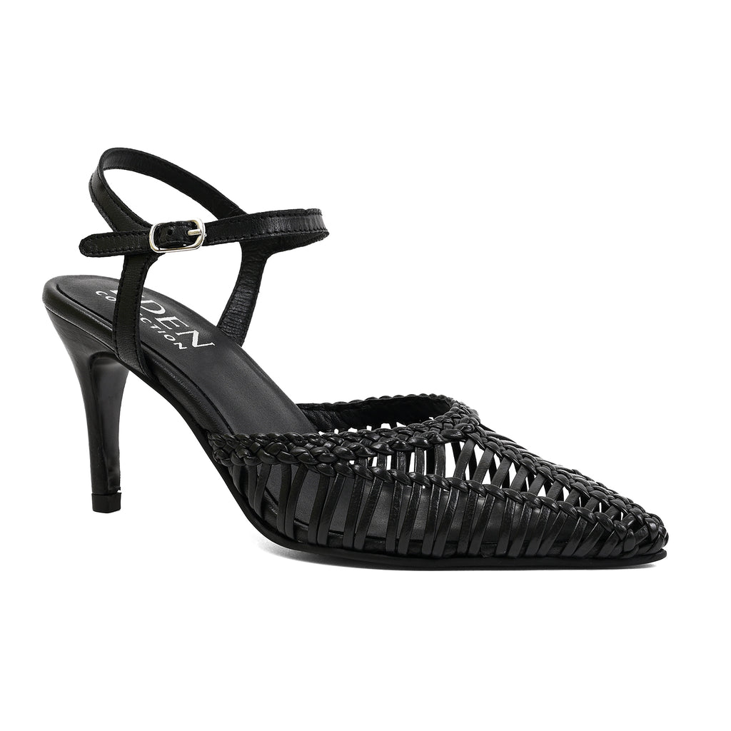 A black pointed-toe high heel sandal with a woven upper and ankle strap, shown from a side profile on a white background.