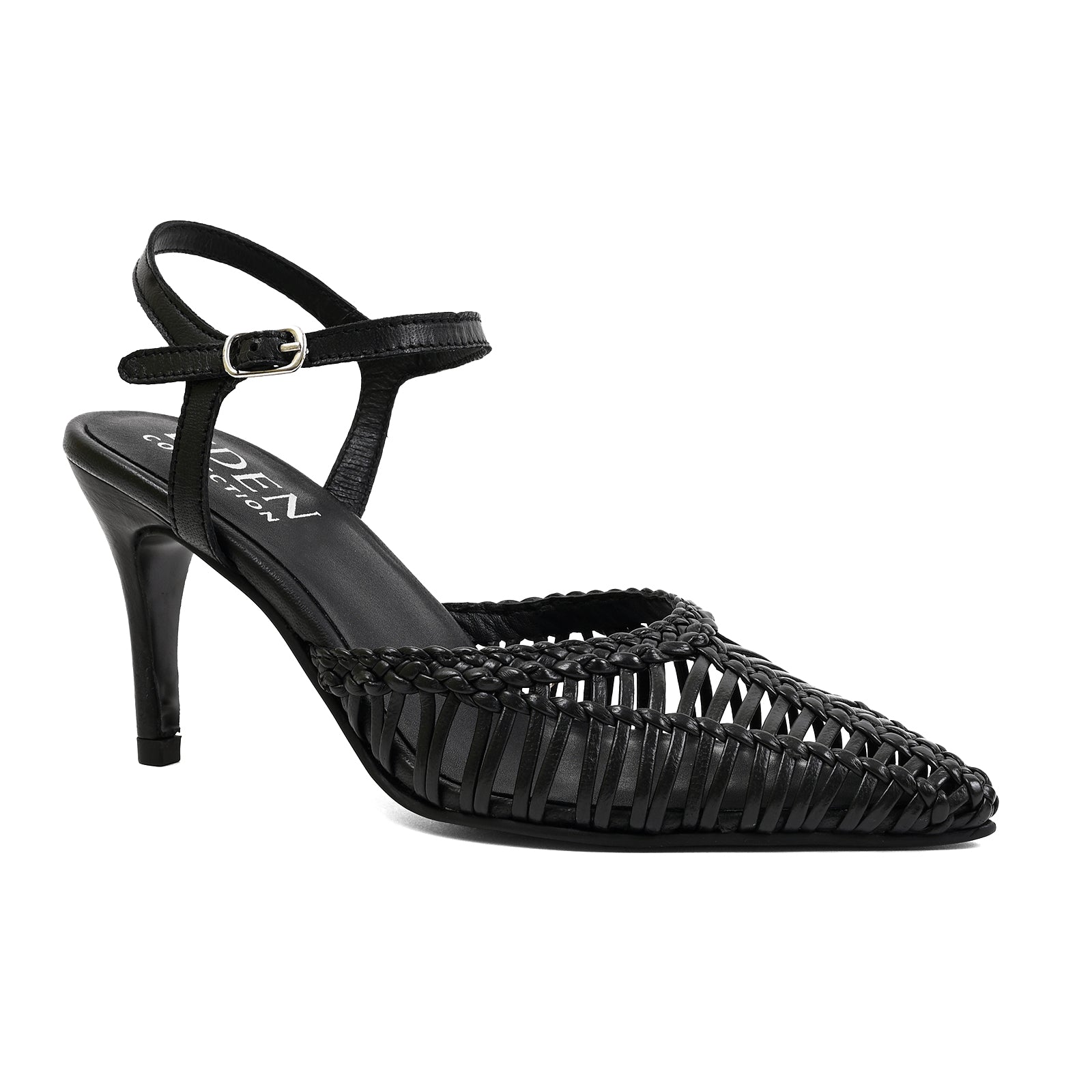 A black pointed-toe high heel sandal with a woven upper and ankle strap, shown from a side profile on a white background.