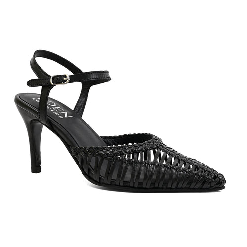 A black pointed-toe high heel sandal with a woven upper and ankle strap, shown from a side profile on a white background.