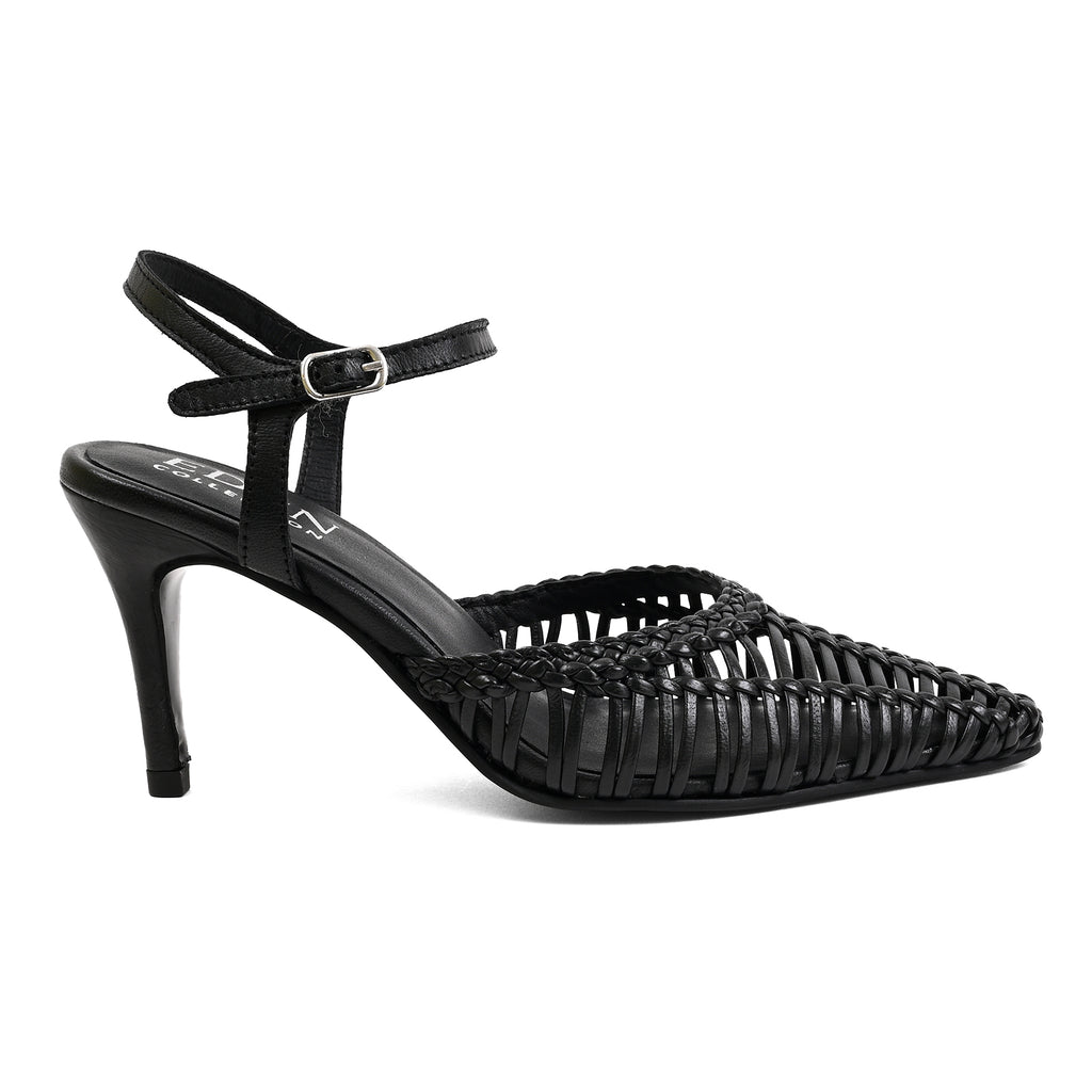A black high-heeled slingback sandal with a pointed toe and a woven upper, shown from a side profile on a white background.