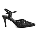 A black high-heeled slingback sandal with a pointed toe and a woven upper, shown from a side profile on a white background.