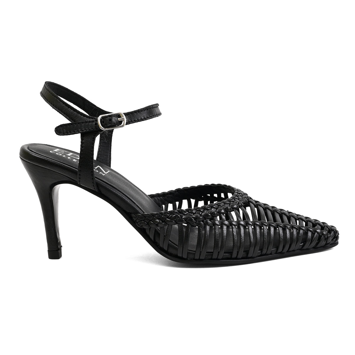 A black high-heeled slingback sandal with a pointed toe and a woven upper, shown from a side profile on a white background.