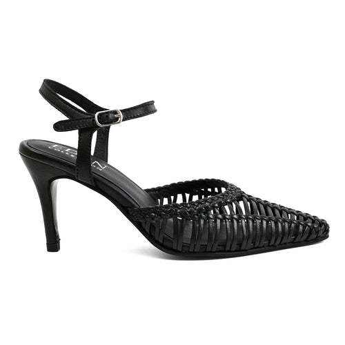 A black high-heeled slingback sandal with a pointed toe and a woven upper, shown from a side profile on a white background.