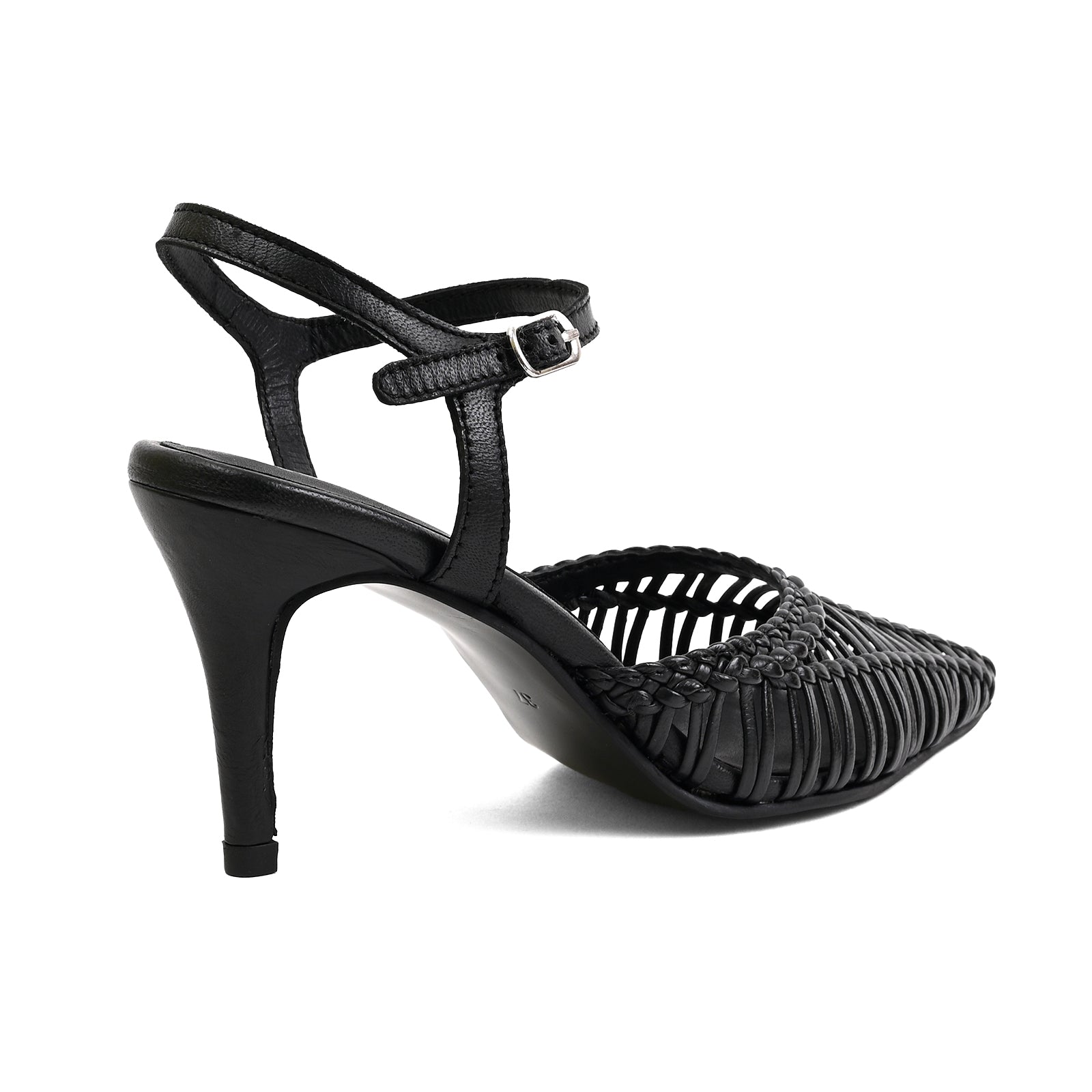 A black high-heeled sandal with a pointed toe, woven slatted upper, and adjustable ankle strap with a silver buckle, shown from a side-rear angle on a white background.