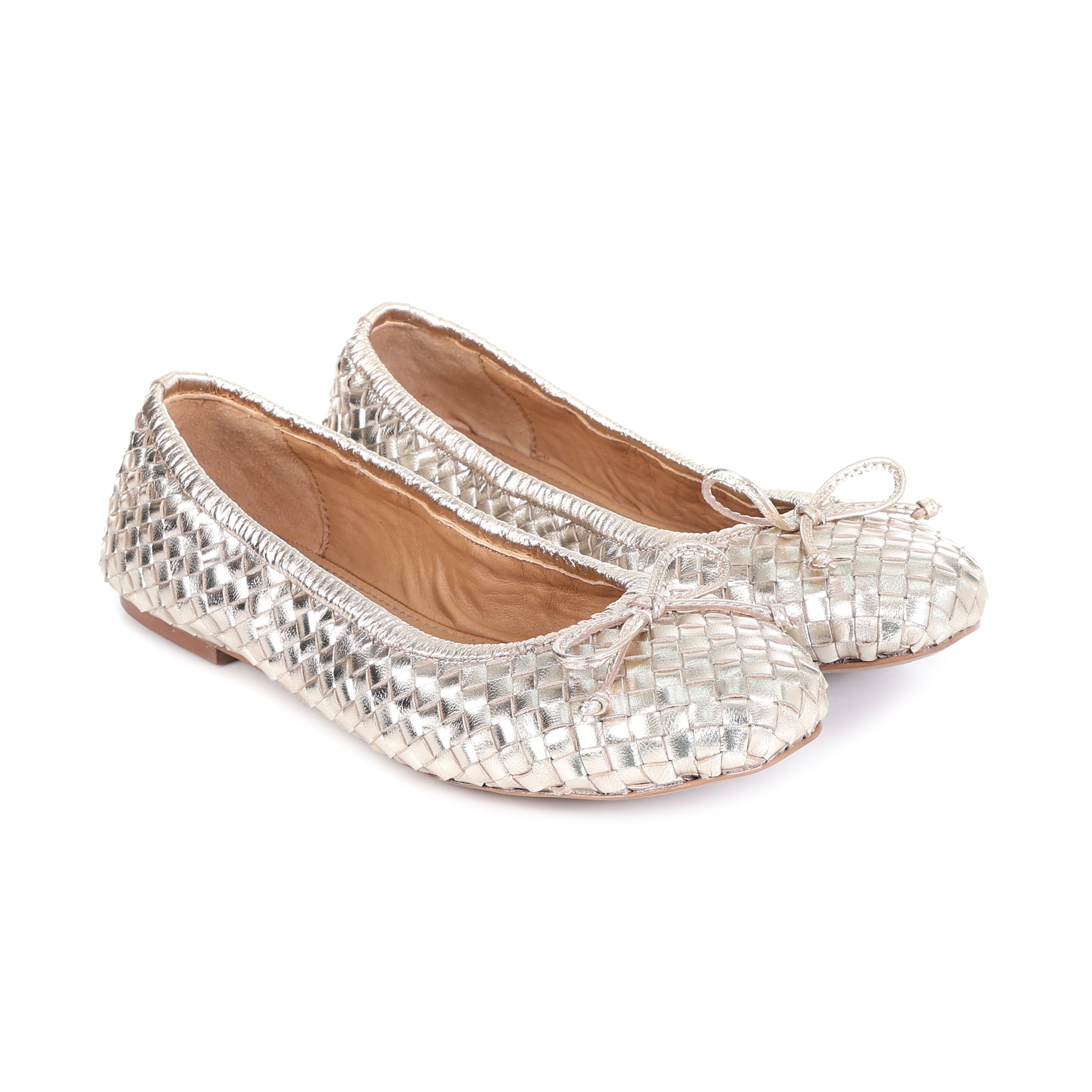 A pair of woven metallic silver ballet flats with small bow details on the toes, shown against a plain white background.