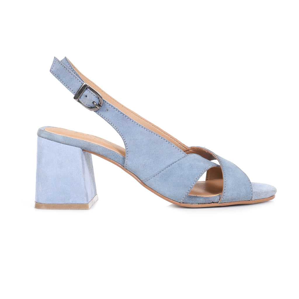 A light blue suede slingback sandal with a chunky block heel and open toe, shown in profile against a white background.