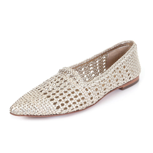 A single pointed-toe flat shoe with an open, woven mesh upper in a light champagne beige color, shown from a side angle on a white background.